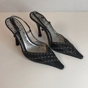 Brand BCBG Paris. Size 36 or 6B. Color black with silver inside. Pointed toe.
